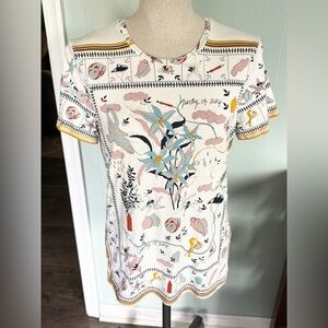 Tory Burch Poetry of Things Graphic Print Cotton Short Sleeve Shirt Size Medium
